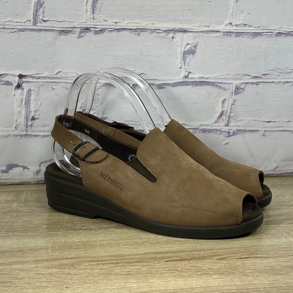 Mephisto Nonny Slingback Peep Toe Wedge Sandals Women's 40 US 10 Brown Nubuck